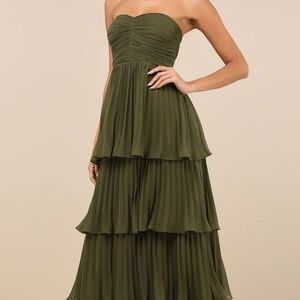 Lulus Seriously Sensational Olive Green Strapless Tiered Maxi Dress - Size S